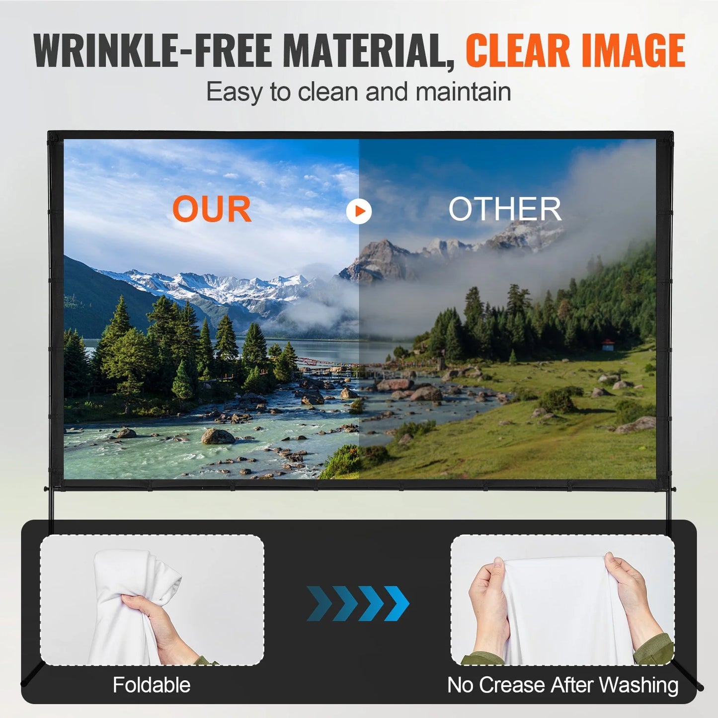 VEVOR Projector Screen with Stand, 120 Inch 16:9 4K 1080 HD Outdoor Movie Screen with Stand, Wrinkle-Free Projection Screen with Bar Feet and Carry Bag, for Home Theater Cinema Backyard Movie Night
