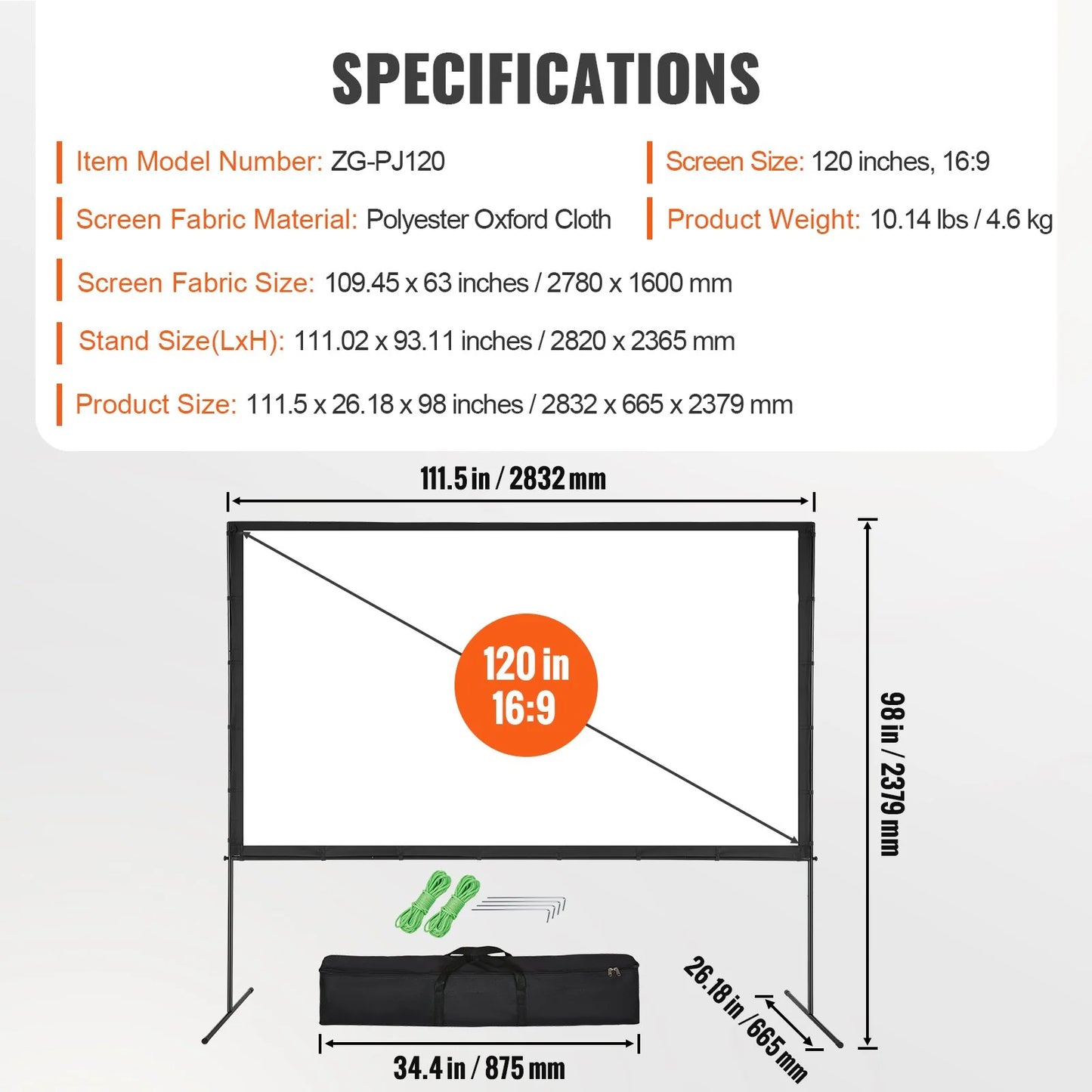 VEVOR Projector Screen with Stand, 120 Inch 16:9 4K 1080 HD Outdoor Movie Screen with Stand, Wrinkle-Free Projection Screen with Bar Feet and Carry Bag, for Home Theater Cinema Backyard Movie Night