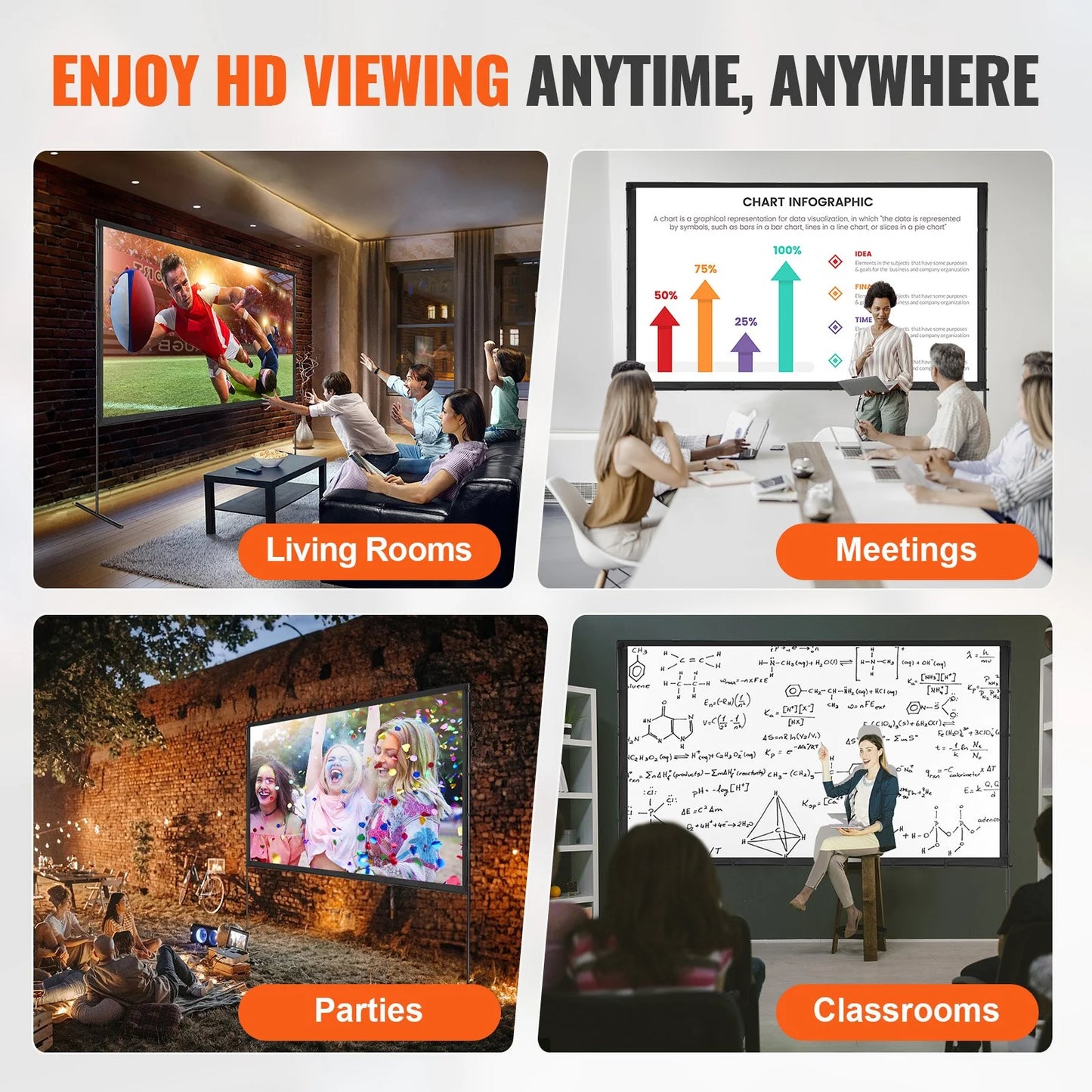VEVOR Projector Screen with Stand, 120 Inch 16:9 4K 1080 HD Outdoor Movie Screen with Stand, Wrinkle-Free Projection Screen with Bar Feet and Carry Bag, for Home Theater Cinema Backyard Movie Night