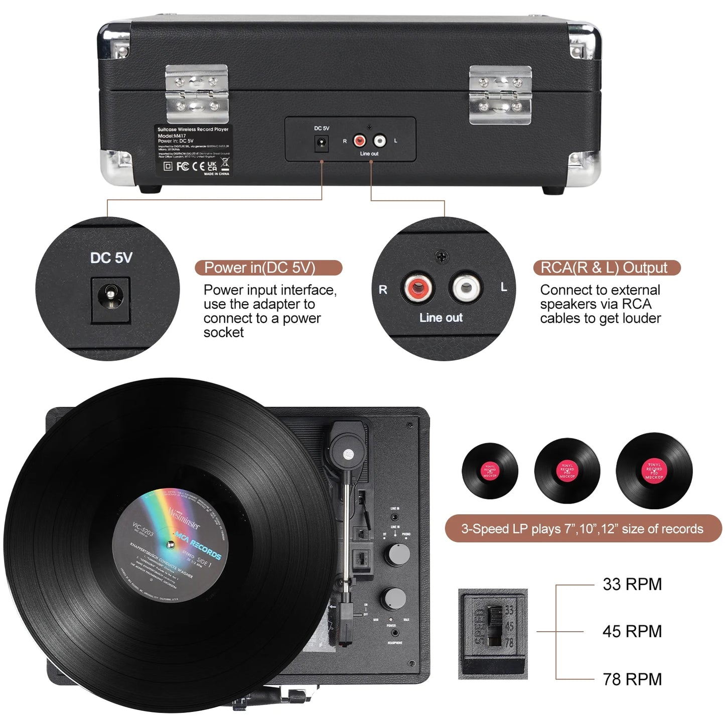 Bluetooth Record Player 3 Speeds Turntable with Built-In Stereo Speakers, Suitcase Design - Black