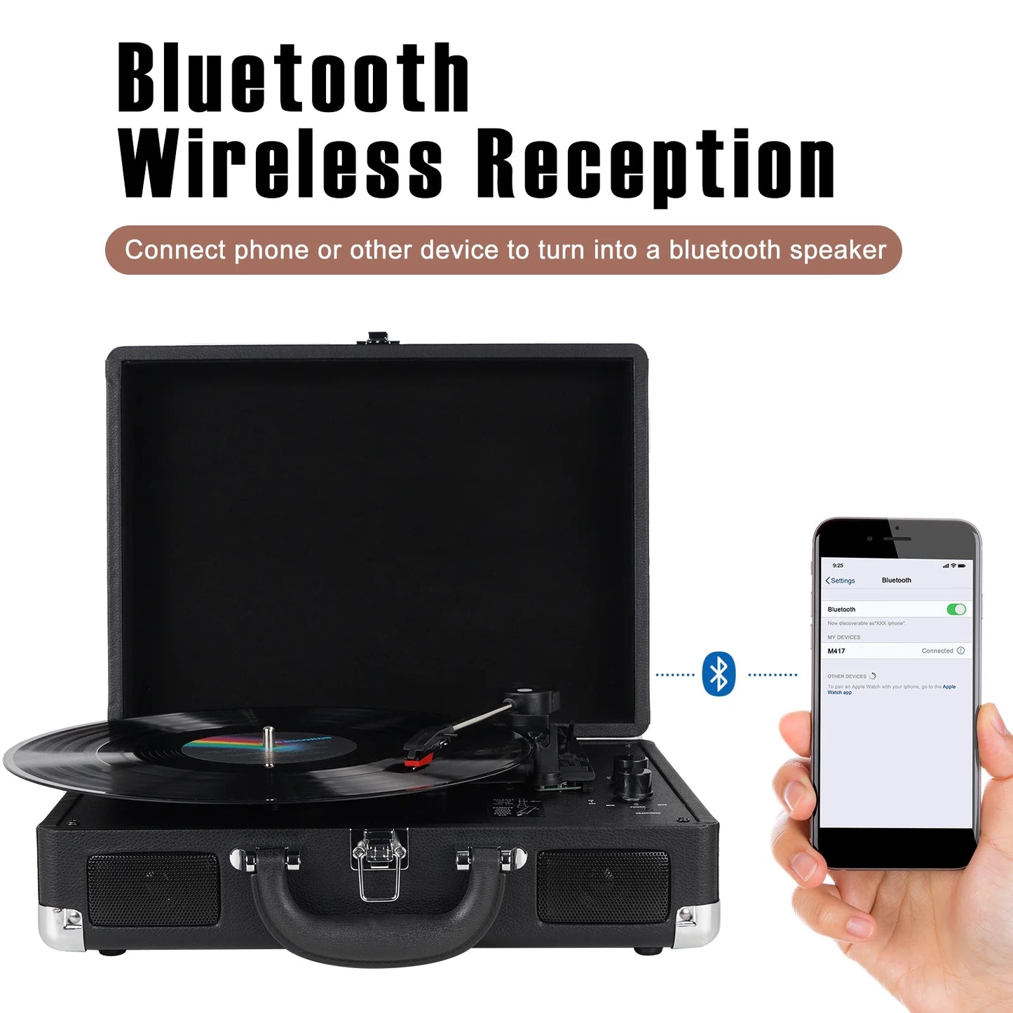 Bluetooth Record Player 3 Speeds Turntable with Built-In Stereo Speakers, Suitcase Design - Black