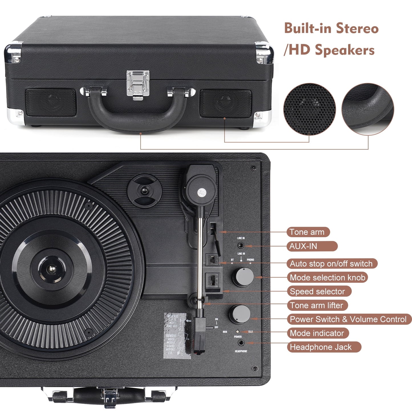 Bluetooth Record Player 3 Speeds Turntable with Built-In Stereo Speakers, Suitcase Design - Black