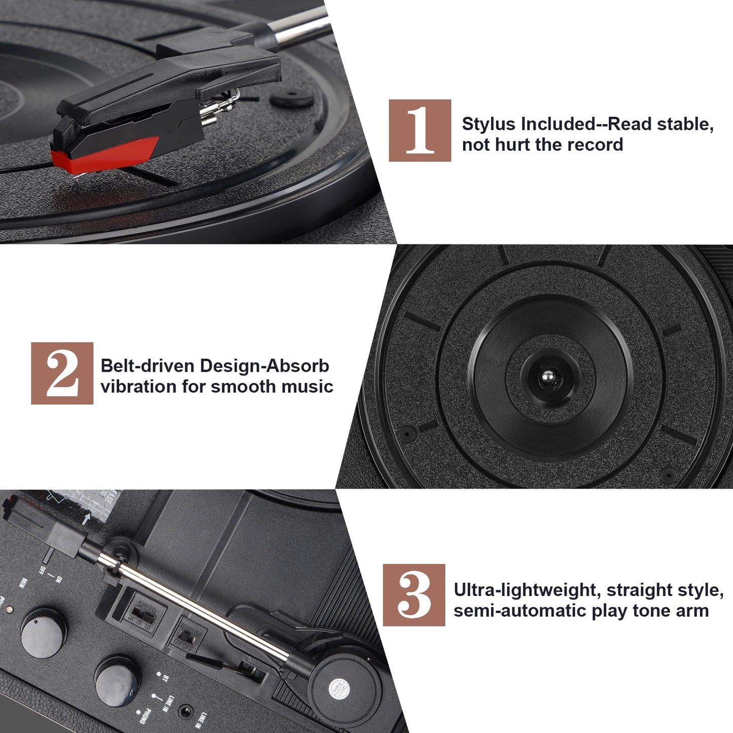 Bluetooth Record Player 3 Speeds Turntable with Built-In Stereo Speakers, Suitcase Design - Black