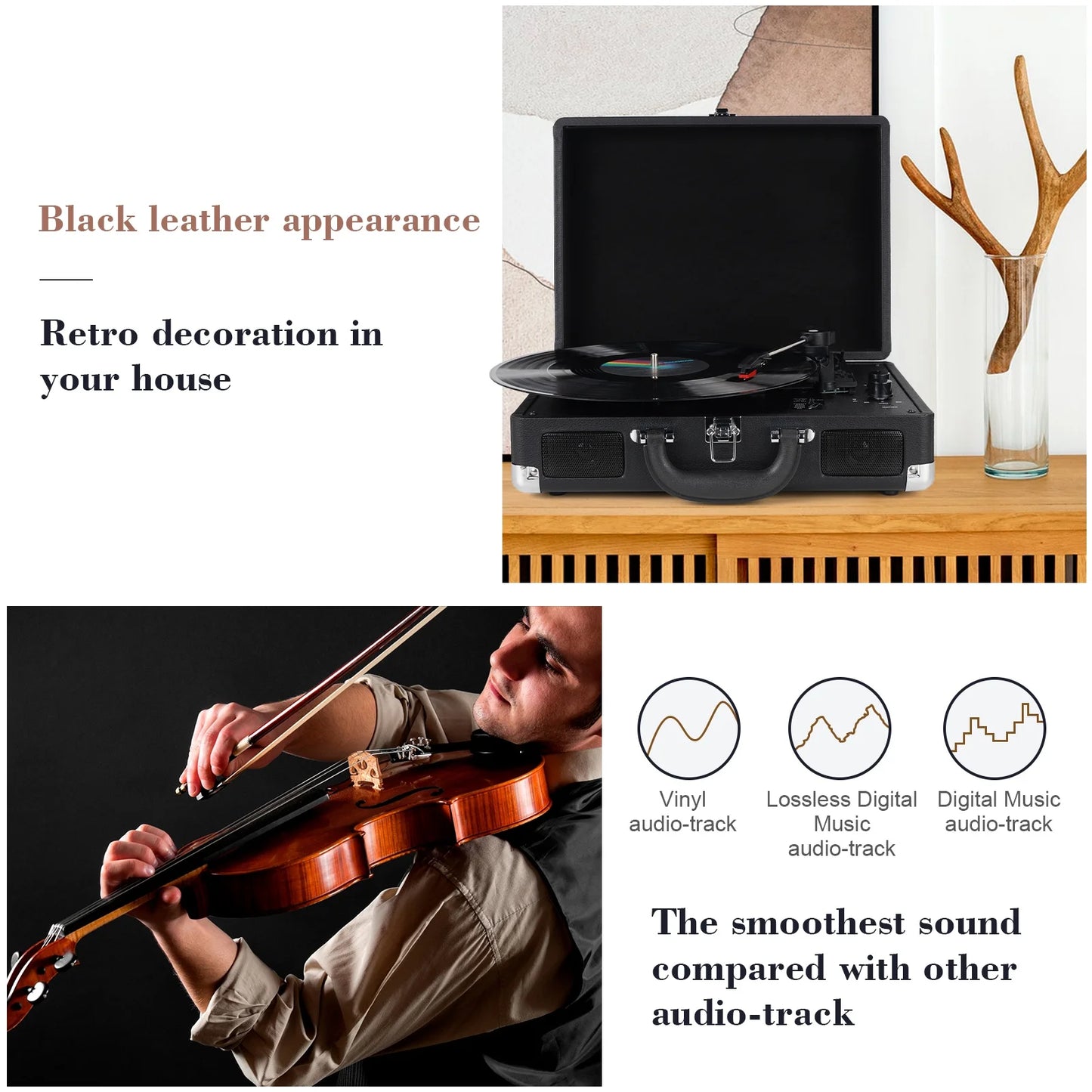 Bluetooth Record Player 3 Speeds Turntable with Built-In Stereo Speakers, Suitcase Design - Black