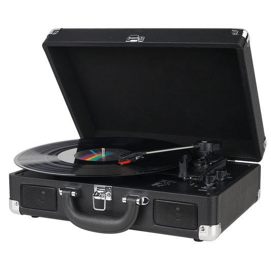 Bluetooth Record Player 3 Speeds Turntable with Built-In Stereo Speakers, Suitcase Design - Black
